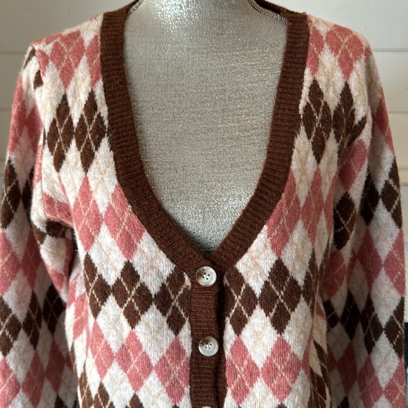 Lulus Clued In Cutie Brown Multi Argyle V-Neck Cardigan Size Large - Picture 4 of 14